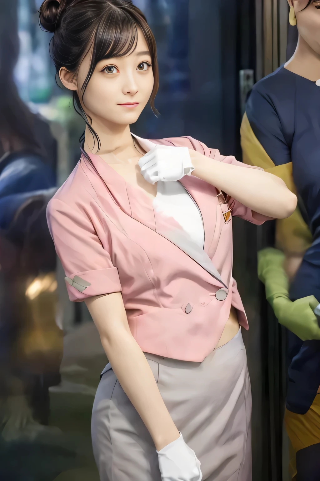 (masterpiece:1.2, Highest quality:1.2), 32k HDR, High resolution, (alone、1 Girl)、 (height: 160cm)、(On the roof of a building in the daytime、Professional Lighting)、Building rooftop background、(Nankai train crew uniform pinkを着たリアルスタイル)、(Nankai Railway crew uniform, pink, short sleeve, collarless, pink jacket、Nankai Railway crew uniform pink no-collar short-sleeve blouse、Nankai Railway crew uniform, pink grey, knee-length culottes)、(A pink jacket peeks out from under the culottes.)、Dark brown hair、(Hair tied up、Hair tied up、Evening curly hairstyles)、Dark brown hair、Long Shot、Big Breasts、Thin legs、((Great hands:2.0)),((Harmonious body proportions:1.5)),((Normal limbs:2.0)),((Normal finger:2.0)),((Delicate eyes:2.0)),((Normal eyes:2.0)))、smile、(Nankai Railway crew uniform, pink grey, knee-length culottesを見せた美しい歩く姿)、Place your hands around your stomach、Strap Employee ID Card