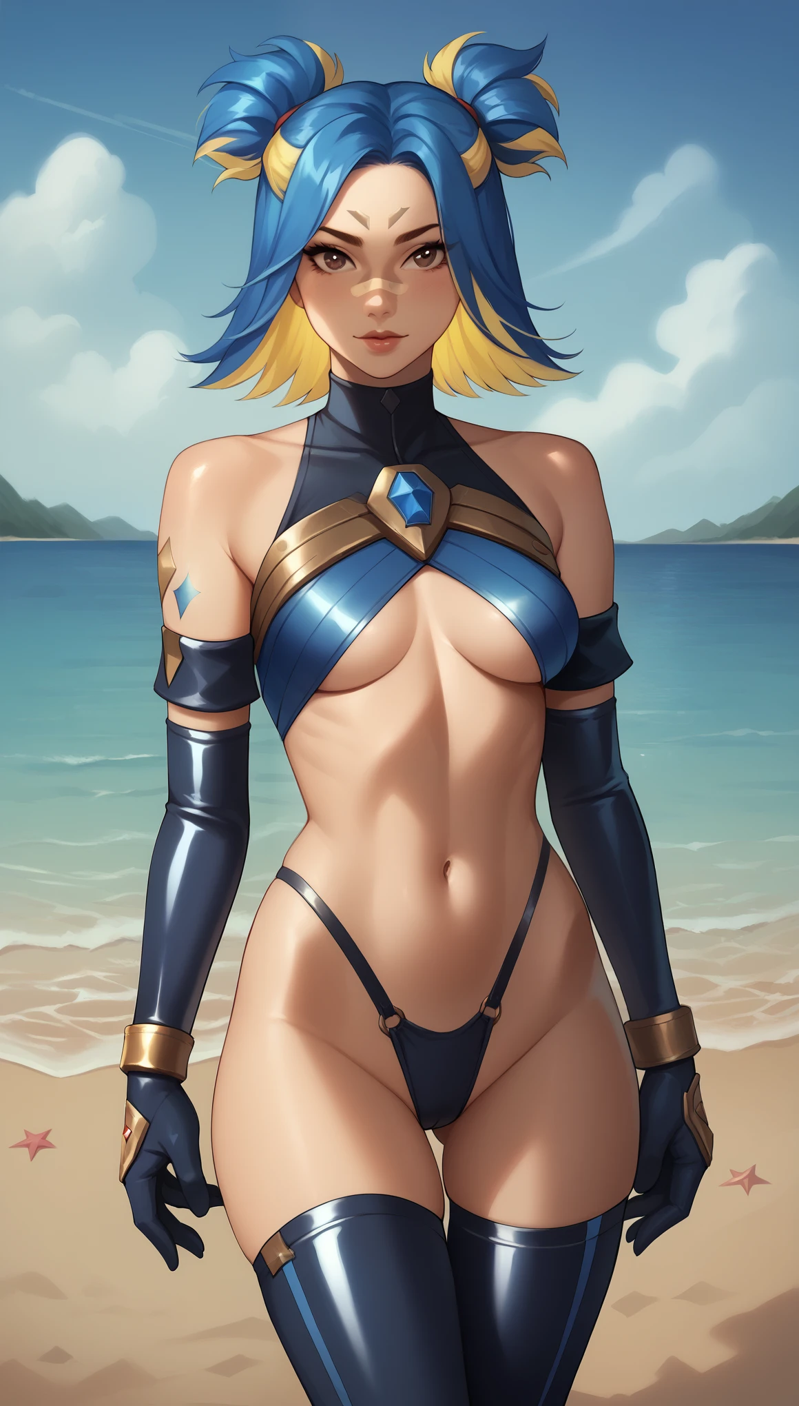 score_9, score_8_up, score_7_up, detailed face, beautiful, detailed background, masterpiece, best quality, looking at viewer,  neonSDXL,1girl,solo,blue hair,yellow hair,multicolred hair,gloves,bare shoulders,brown eyes, latex legwear, latex armwear, hourglass figure, on beach, cowboy shot, skinny,