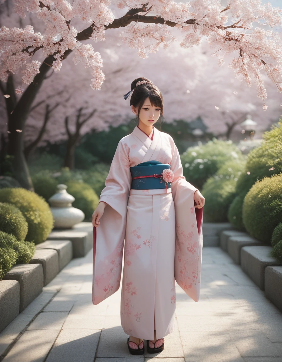 score_9, score_8_up, score_7_up,high quality,1 japanese girl, A beautiful Japanese woman in a traditional kimono, standing gracefully in a serene garden with cherry blossoms falling gently. The soft lighting emphasizes her elegant pose and delicate features, creating a peaceful and calming atmosphere.