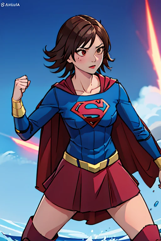 Asuka Kazama, known for her fierce fighting spirit and distinctive short brown hair, exudes a new level of confidence in the iconic Supergirl costume. The costume features a bold blue top with the striking red and yellow 'S' shield prominently displayed on her chest, symbolizing her strength and heroism. A vibrant red cape flows behind her, adding a dynamic flair to her already powerful presence. The ensemble is completed with a red skirt and matching red knee-high boots, which enhance her athletic and battle-ready look. Asuka's determined expression and strong stance are perfectly complemented by the Supergirl outfit, blending her martial prowess with the superheroine's charm and courage.