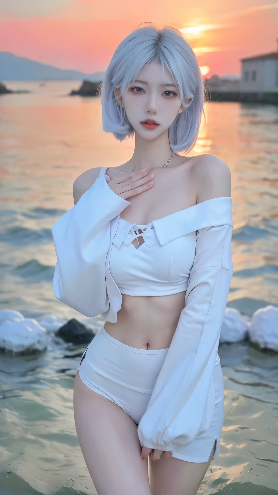 High quality，2k，Beautiful woman，（（Vision：1.4）），Snow-white and translucent skin，Cold and ruthless expression，Have a perfect body：1.4，Layered Hairstyle，Prominent cleavage，Large breasts，（（underwear：1.5）），whole body，Highly detailed face and skin texture，Eyelid Crease，Skin Whitening，Long white hair