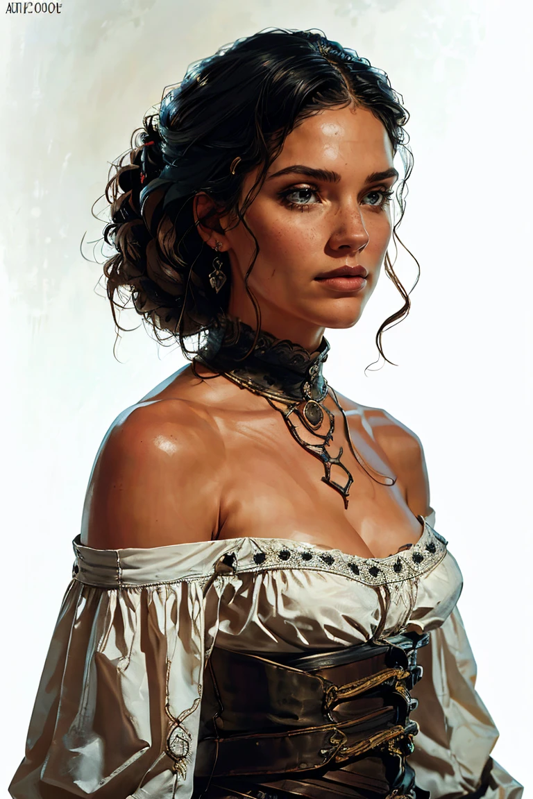 an aristocratic woman from the 17th century based on  Echo from the TV-series The 100, highly detailed cinematic illustration, black outlining, full color illustration, vivid colors, white background, masterpiece, 8k, ultra-detailed, physically-based rendering, dramatic lighting, intricate background, photorealistic