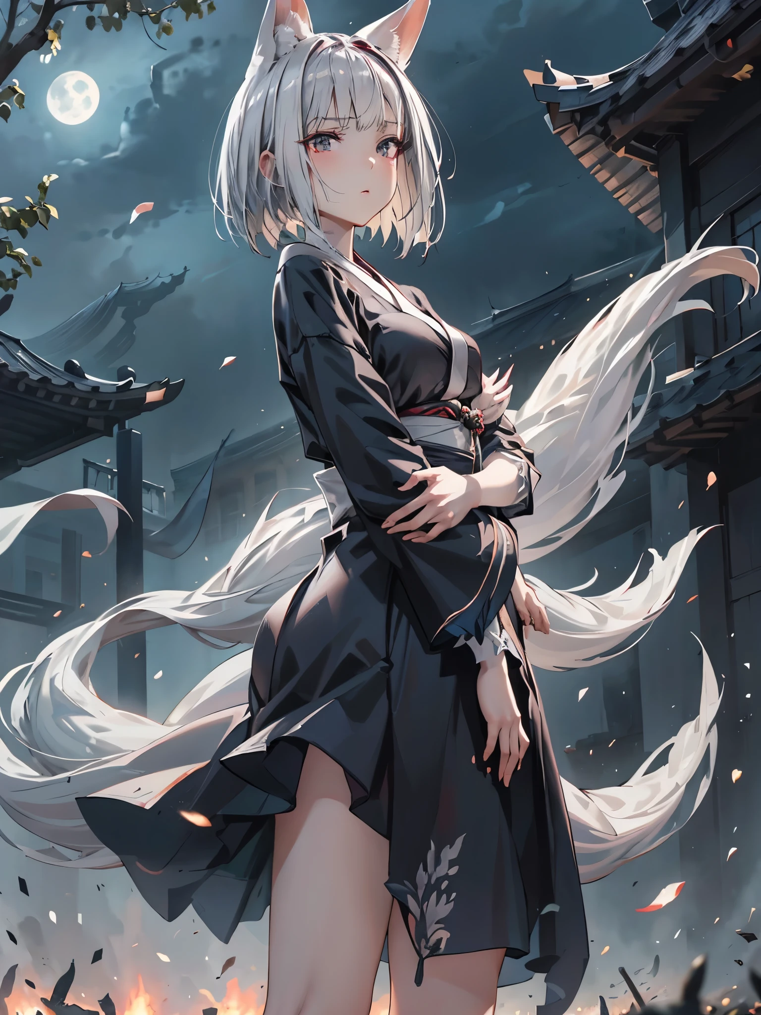 Temple grounds at night、The area is devastated by the fires of war.、The moonlight is pouring in、Beautiful and Rin々Shii、A Japanese girl、Silver Hair、Short Bob、Small beautiful breasts、9 white fox tails、White fox ears、A disheveled kimono is draped over the naked body.、Standing there crying、Small and slender figure、Holding a sword in his left hand。Blood is dripping from the blade of the sword、Best Quality、High resolution、In detail、masterpiece、Dynamic Angle、Show the whole body、As if looking up from below、Avoid unnecessary limbs、