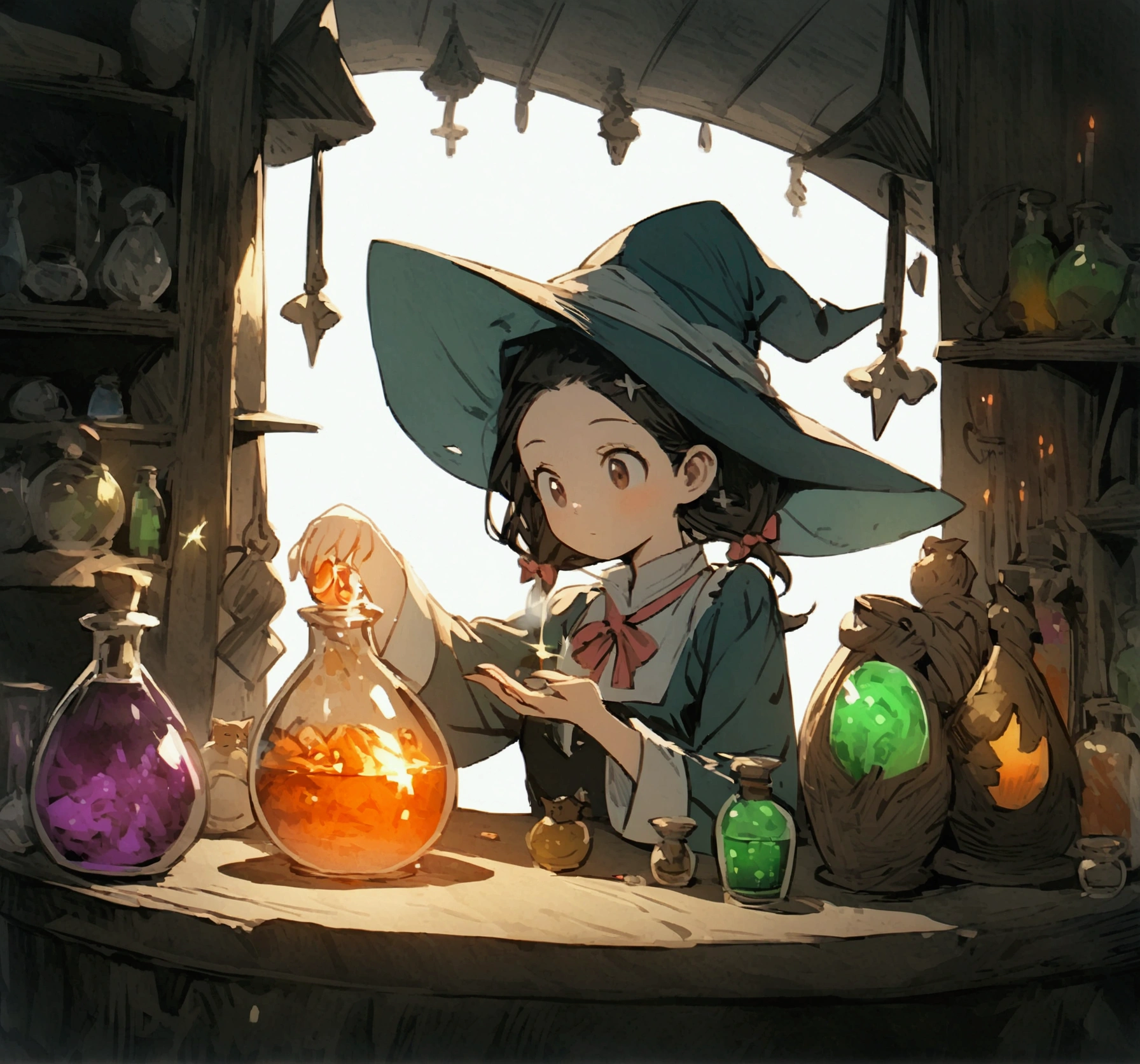 Anime girl in witch hat、Sitting at a table with a cat, Alchemist Girl, Frivolous anime witch casting a spell, Put a spell on the potion, She is making potions, Witch Academia, Make potions in the witch&#39;s hut, Young female wizard, Witch Girl, Making medicine, At the potion shop, Magic Potion, fantasy alchemist laboratory,