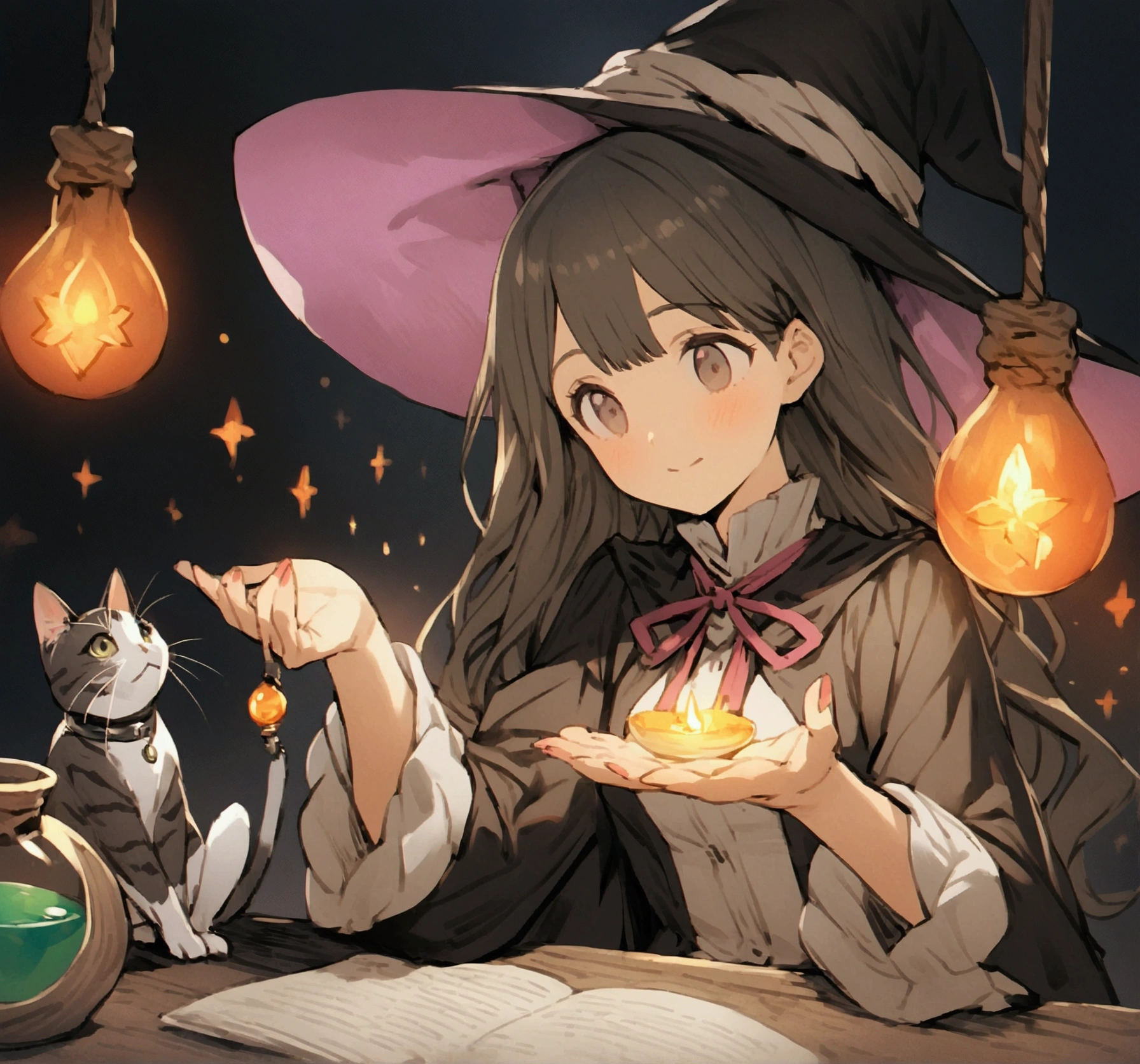 Anime girl in witch hat、Sitting at a table with a cat, Alchemist Girl, Frivolous anime witch casting a spell, Put a spell on the potion, She is making potions, Witch Academia, Make potions in the witch&#39;s hut, Young female wizard, Witch Girl, Making medicine, At the potion shop, Magic Potion, fantasy alchemist laboratory, Makoto Shinkai