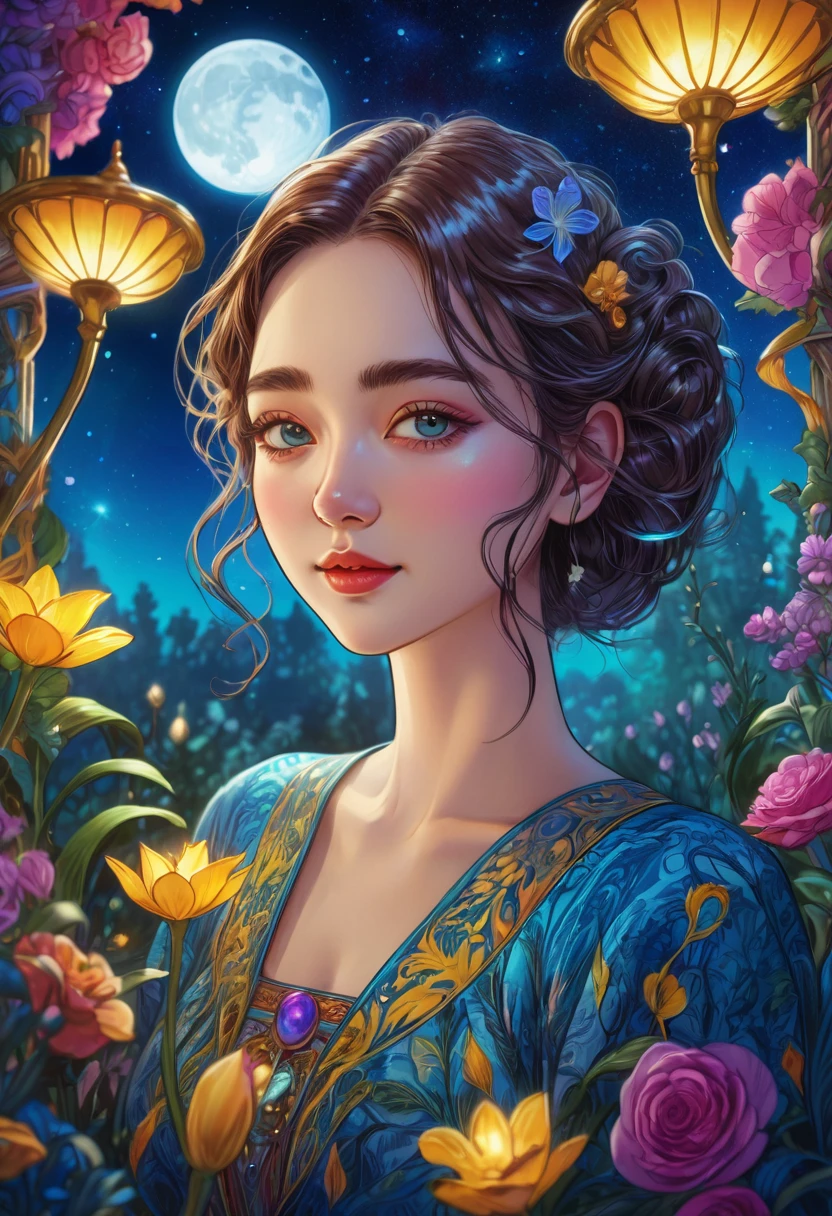 Tarot Cards, beautiful, a girl reading Tarot Cards,Smiling girl,beautiful細部,Detailed lips,Tarot Cards,Ancient Tarot Decks,illustrated Tarot Cards,Vibrant colors,Mysterious atmosphere,Magic Garden,Flowers Bloom,moonlight,Night Sky,Soft glow,Artistic Oil Painting,High-resolution images,(masterpiece:1.2),Very detailed,Realistic,Bokeh