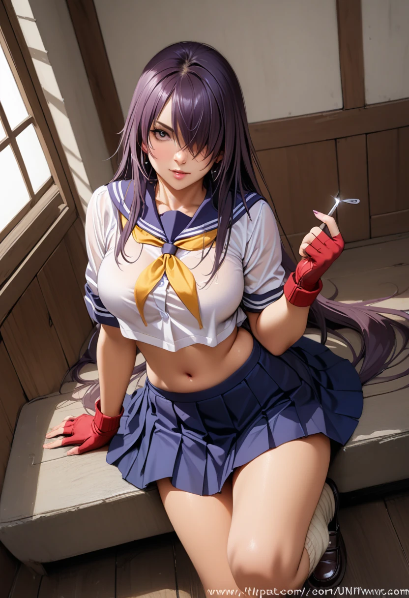 kanu,dark purple hair, hair over one eye, very long hair,school uniform,ultra miniskirt,red fingerless gloves, midriff,navel, loose socks, pleated skirt, yellow neckerchief, earrings, loafers,large breasts,perfect hands, perfect finger,perfect anatomy, masterpiece, best quality,realistic, hyperrealistic, 16k hdr,(1 muscular girl:1.2),outdoor,high school,(fighting pose,dynamic pose:1.2),dynamic angle,strong wind,upper body,serious,from below,wet shirt,no bra,rainy day