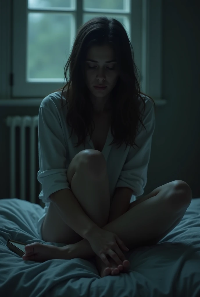 A woman sat on bed in her room,scary,night,fog