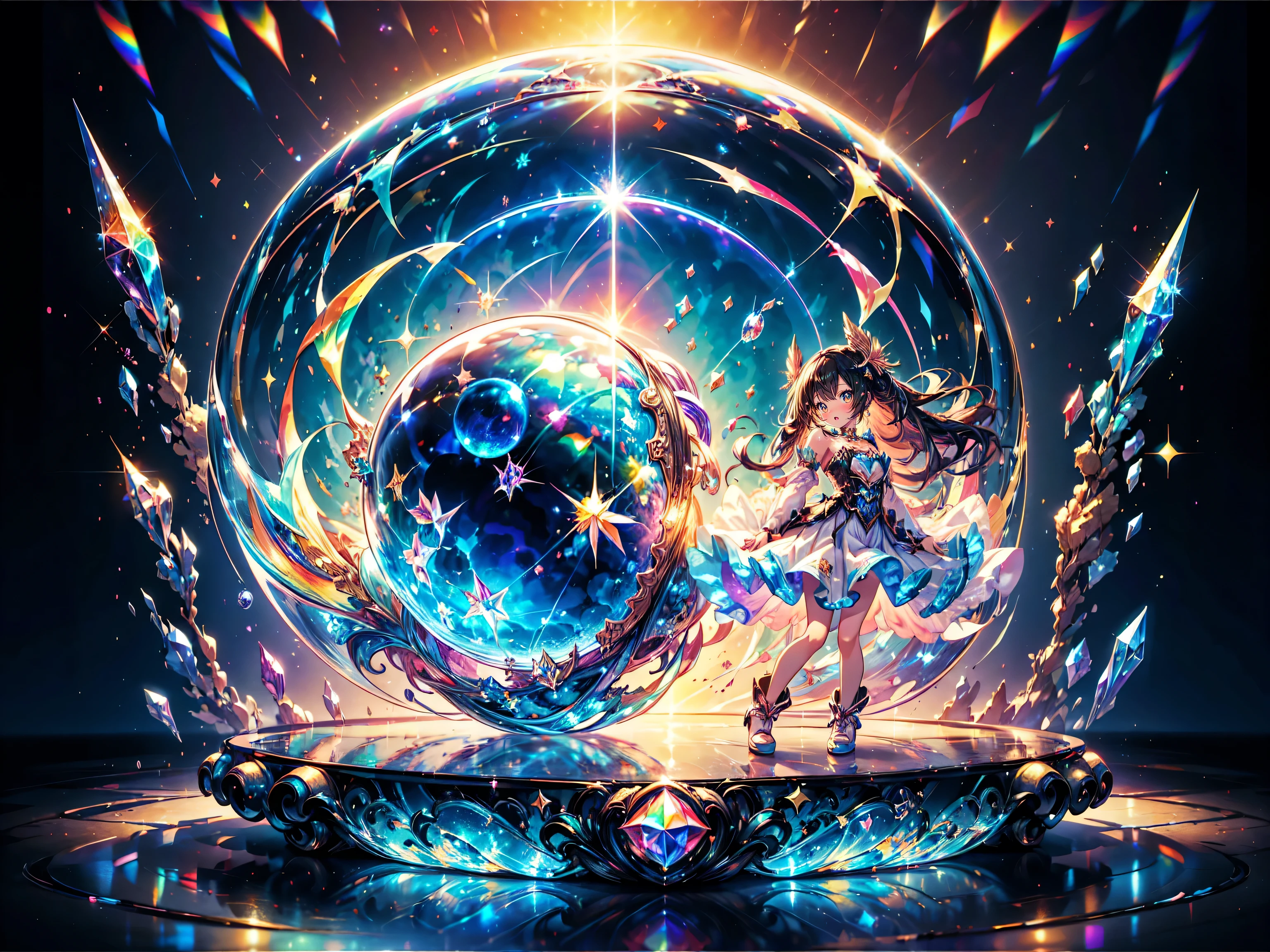 Mysterious world, Fantasy World, Strange World, trick, Large glass jar with lid, ((One Girl)), The girl is in a glass bottle, Holding my knees, sphere, Bubble, seabed, prism, Rainbow, Waterslide, Fantastic Background, crystal, sparkle, Sparkle, Reflection of light, Transparency, colorful, particle effect, caustics, (((ultra detailed))), (((ultra resolution))), (((best quality))), (anime moe art style:1.3), isometric 3D, Octane Rendering,Ray Tracing,