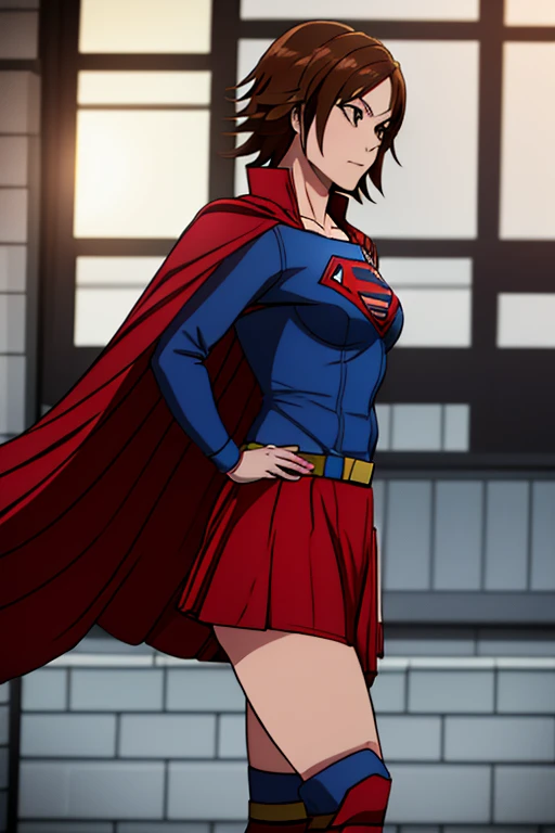 Asuka Kazama, known for her fierce fighting spirit and distinctive short brown hair, exudes a new level of confidence in the iconic Supergirl costume. The costume features a bold blue top with the striking red and yellow 'S' shield prominently displayed on her chest, symbolizing her strength and heroism. A vibrant red cape flows behind her, adding a dynamic flair to her already powerful presence. The ensemble is completed with a red skirt and matching red knee-high boots, which enhance her athletic and battle-ready look. Asuka's determined expression and strong stance are perfectly complemented by the Supergirl outfit, blending her martial prowess with the superheroine's charm and courage.