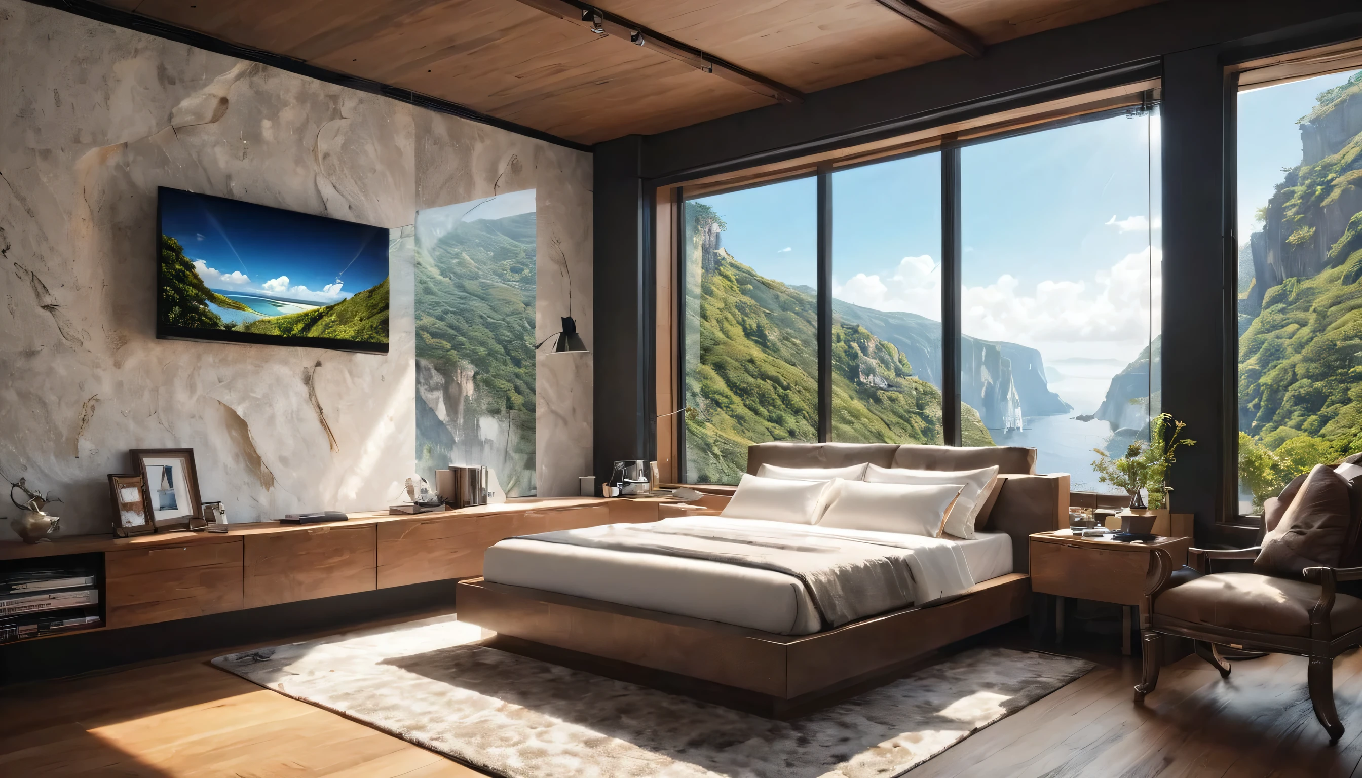 Ultra-luxury accommodation((White Room))、(((Luxury Bed))),Large windows、interior、Designers、Classic furniture(table,shelf), Wall-mounted TV、(ultra-Detailed Background, Detailed Background), Absurd, High resolution, Super detailed, Very detailed,Outside the window is a cliff view、Like the real thing、8k
