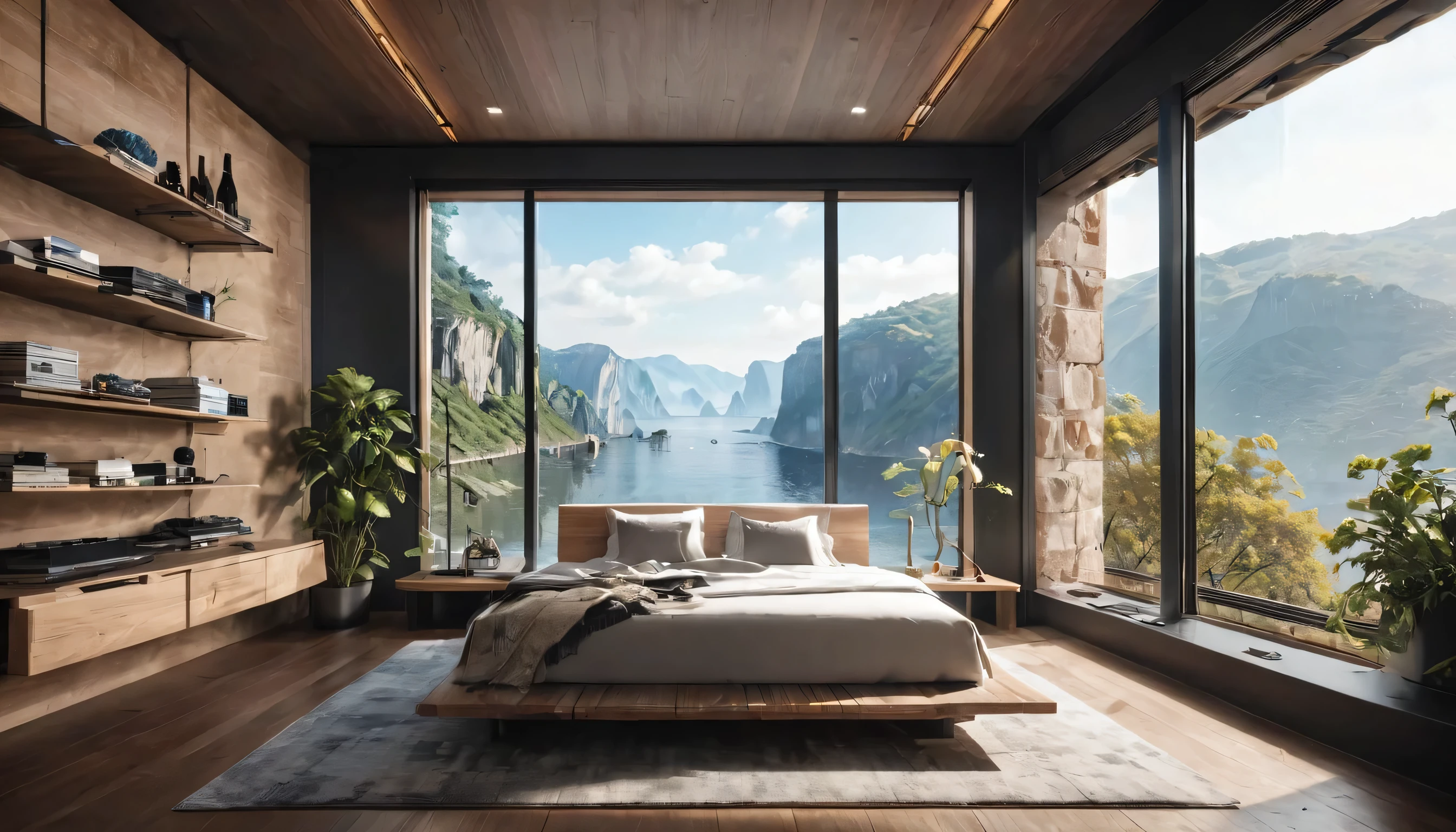 Ultra-luxury accommodation((White Room))、(((Luxury Bed))),Large windows、interior、Designers、Classic furniture(table,shelf), Wall-mounted TV、(ultra-Detailed Background, Detailed Background), Absurd, High resolution, Super detailed, Very detailed,Outside the window is a cliff view、Like the real thing、8k