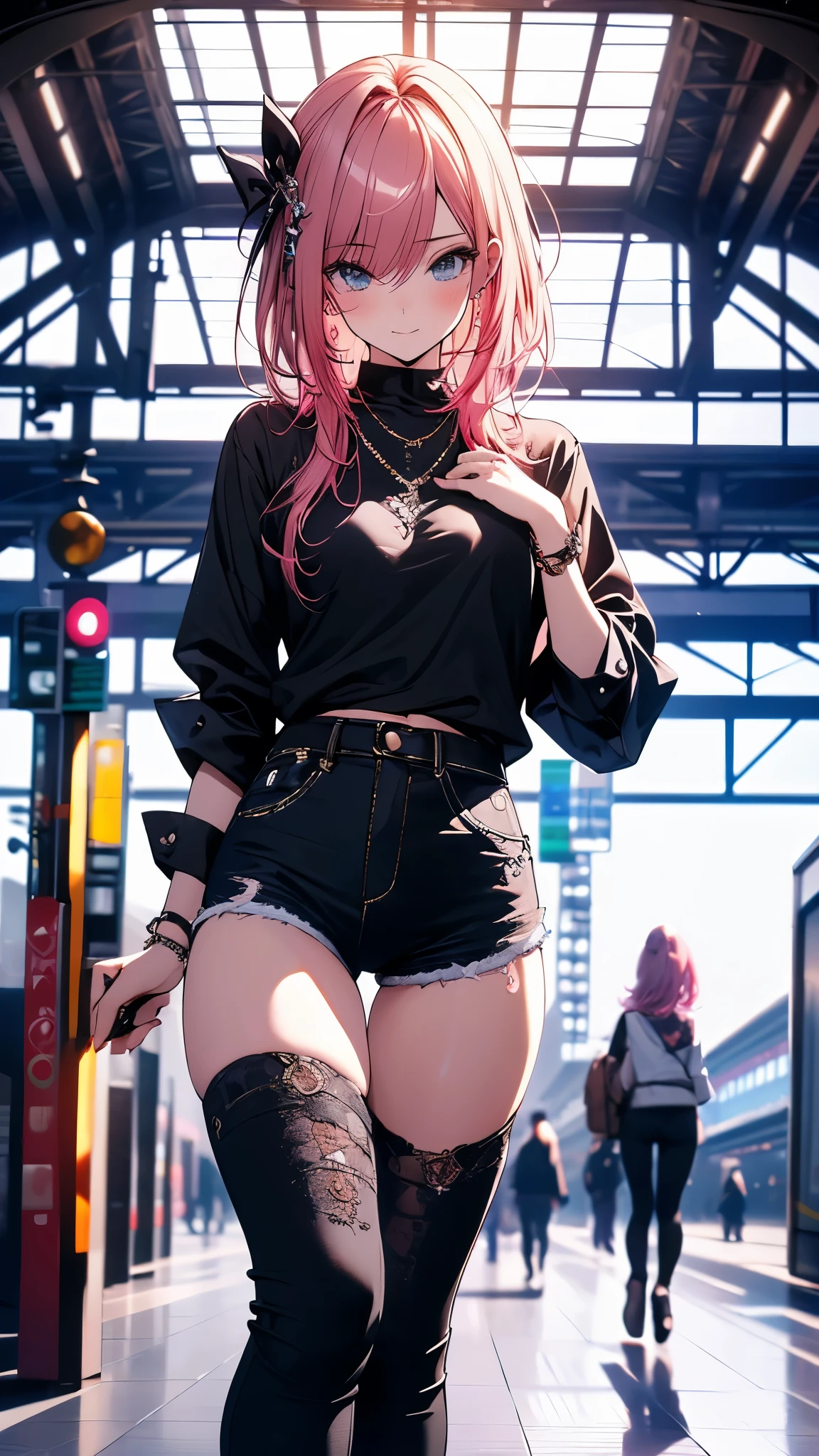 masterpiece, highest quality, pretty girl, 16 , Scrunchie hair ornament, Twin-tail denim pencil mini skirt, pantyhose, Leg belt, necklace, skinny , Pink and black bra,((showing off lace panties)),Two-handed pistol,pistol