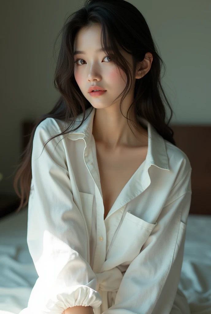 ((Best Quality)), ((Masterpiece)), (detailed), Melancholy Portrait of a Messy Young Woman, (Asymmetry: 1.2), sitting on a bed in a dim and cluttered room. The subject exudes a feeling of frustration and exhaustion, and her (tattered: 1.2) clothes and (haggard: 1.2) appearance emphasize her sense of despair. The photo was taken from a medium distance, and (low-key: 1.3) the lighting creates a gloomy and introspective atmosphere. The art style is inspired by (Dutch Masters: 1.3) technique, careful attention (subtle contrasts: 1.2) and (delicate textures: 1.2) to convey the complex emotions of the subject. She held a drink in her hand, adding a sense of vulnerability and vulnerability to the scene. Despite her disheveled appearance, her face is still (delicate beauty: 1.3), with delicate facial features and a quiet sense of dignity, full body photo, sitting on the bed,