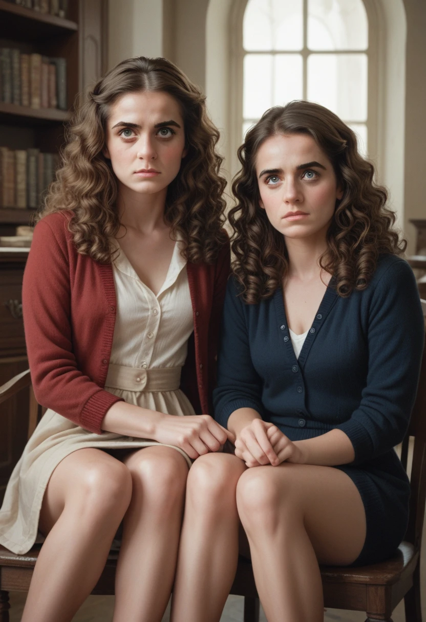 Two girls, Hermione Granger and Helena Boham Carter, brunette curly long hair, sitting in a coffe, wide open eyes, wears, misterious, masterpiece, 8k, dinamic pose, 