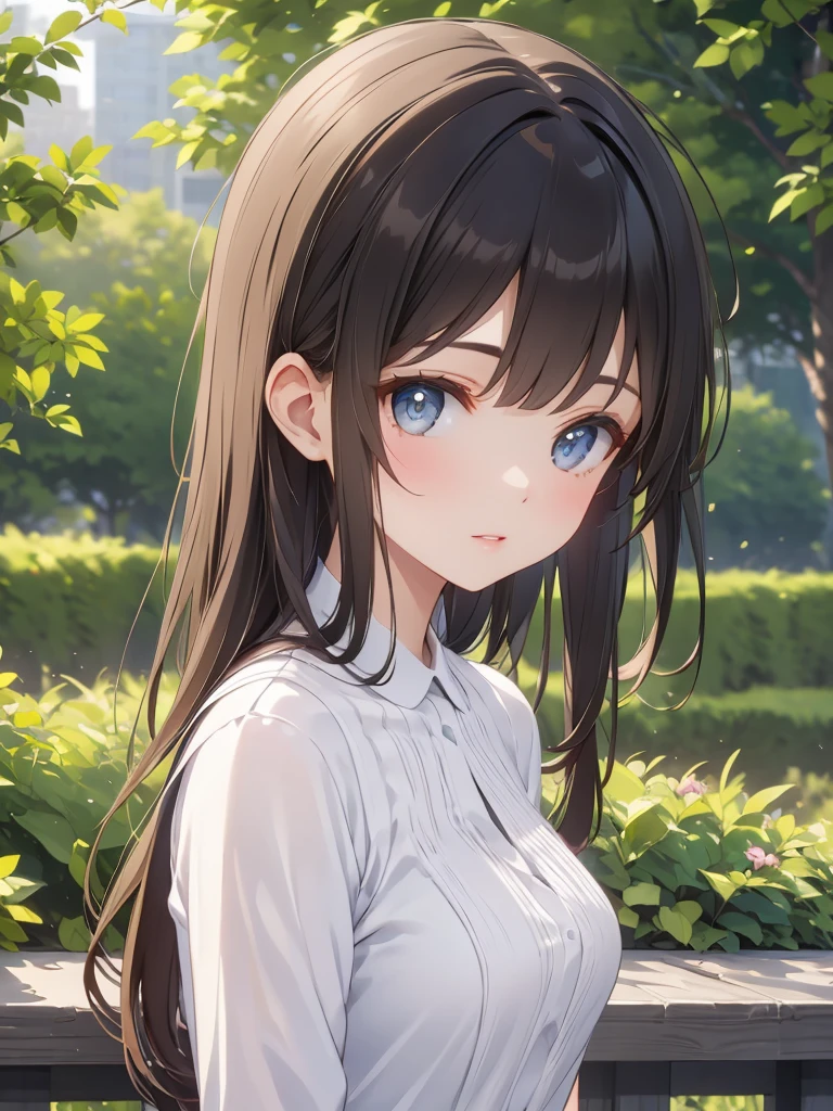 Masterpiece, 8k, Highest quality, Depth of subject, Beautiful high school girl, A gentle gaze, Relaxed atmosphere, Your face is so cute, Emotional expressions, Japanese cityscape, Back Alley, stroll, Beautiful, detailed depiction, Soft sunlight, good morning