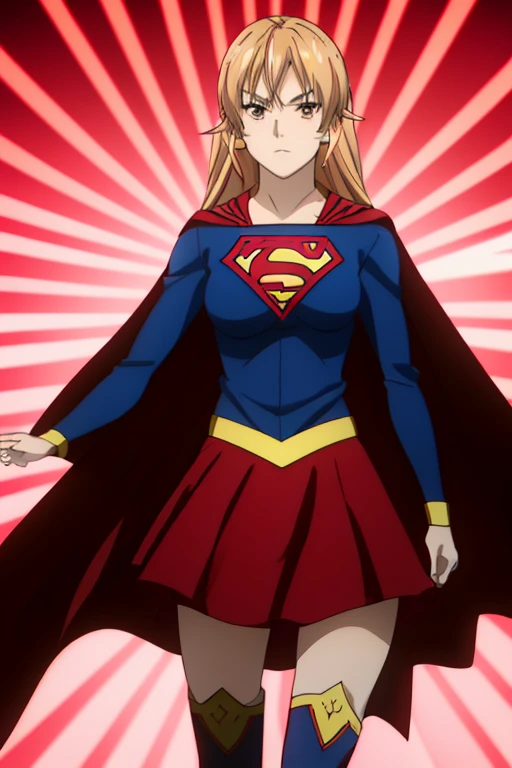 Erina Nakiri, with her regal presence and distinctive long blonde hair, stands confidently in the iconic Supergirl costume. The costume features a bold blue top with the famous red and yellow 'S' shield emblazoned across her chest, symbolizing strength and hope. A flowing red cape cascades from her shoulders, adding a touch of elegance that complements her aristocratic demeanor. The red skirt and matching red knee-high boots complete the ensemble, enhancing her powerful yet graceful appearance. Her usual air of sophistication and authority is now combined with the heroic charm of Supergirl, making her look both formidable and inspiring.