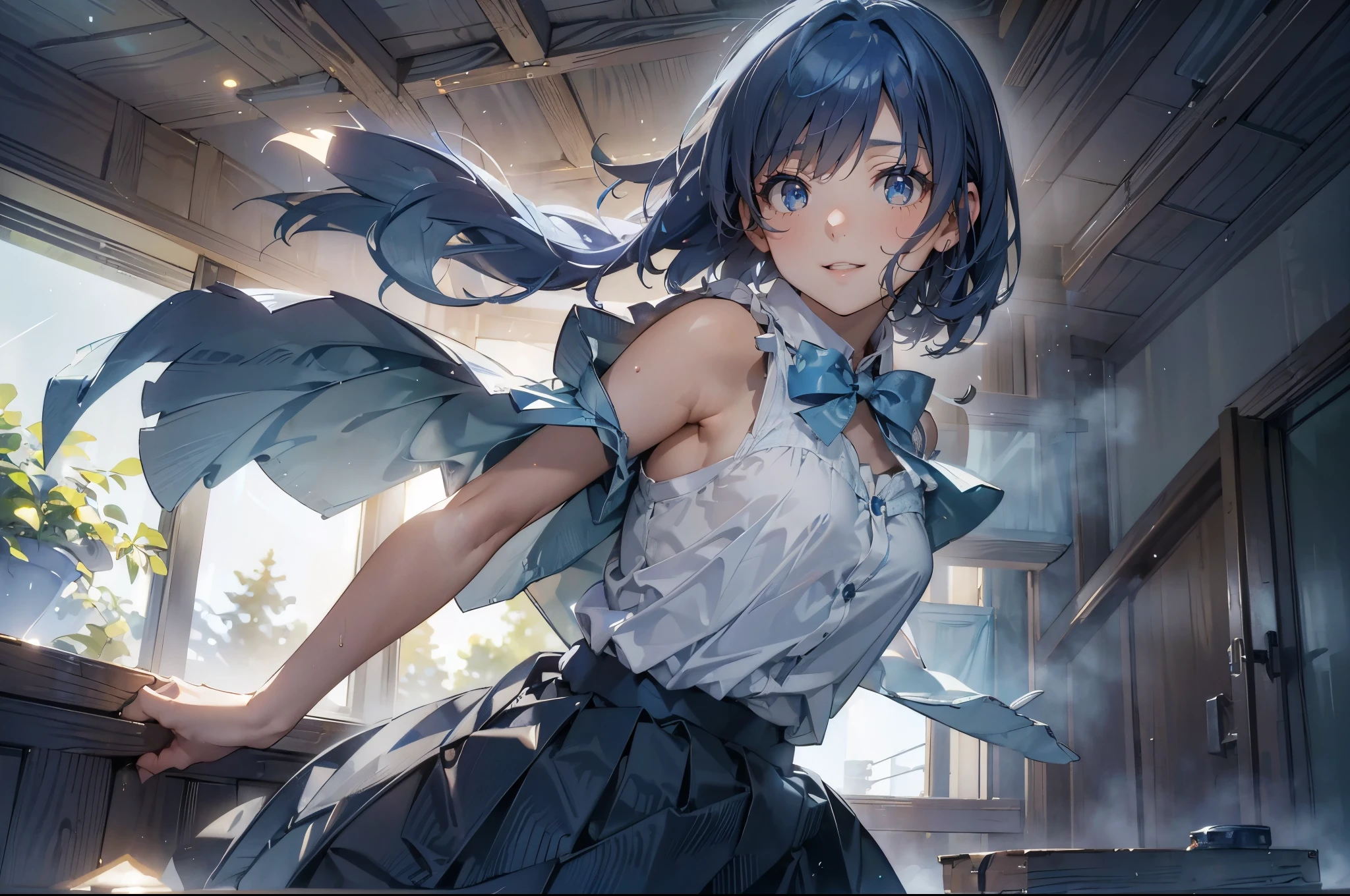 Masterpiece, ultra-definition, 8K portrait, raw photo, portrait photo, high-definition face, beautiful and detailed eyes, ((fantasy)), (short blue hair: 1.5), ahoge, blue and yellow two bow ties, beautiful high school girl, short sleeve shirt, (gray color pleats skirt:1.2), cute girl visual, beautiful hair girl, young girl, best girl, attractive girl, cute girl portrait, (smile:1.2), armpit, navel, sweaty, from below, ambient lighting, shadow details, camera on the chest focus, strong wind, light fog, jumping:1.5