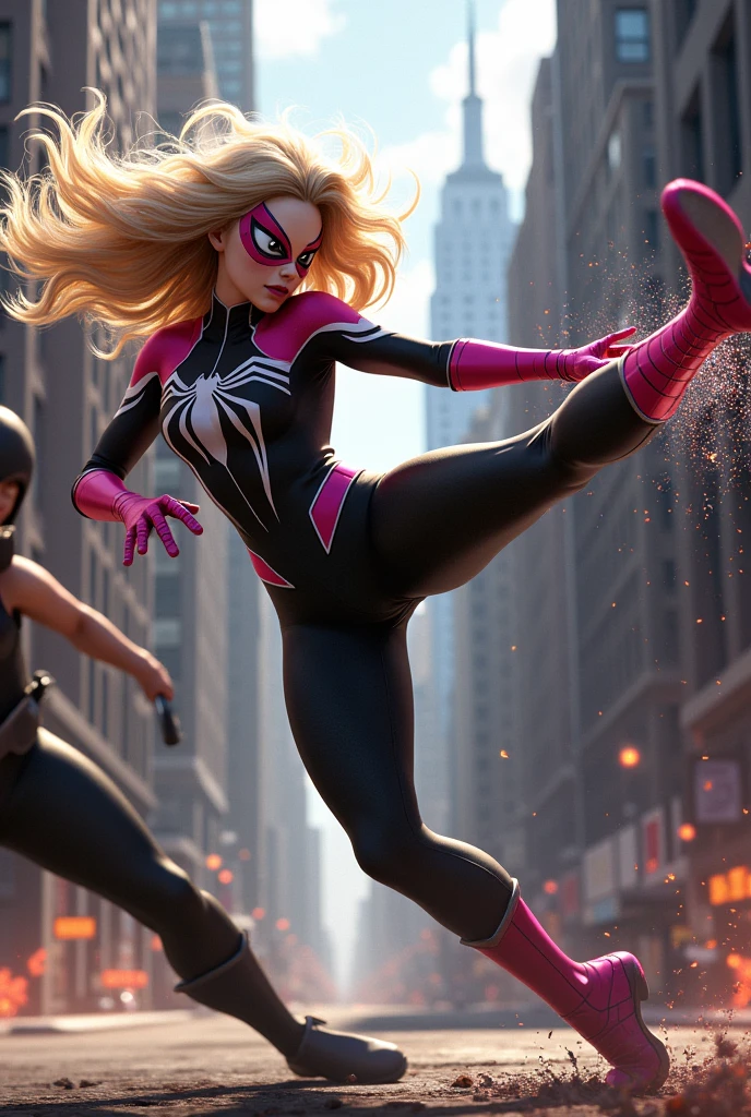 A realistic, spider-gwen, gwen stacy, hyperrealistic Spidergwen with athletic muscle, textured saturated white and black and pink trage, swinging through the city, legs spread, (best quality,4k,8k,highres,masterpiece:1.2),ultra-detailed,(realistic,photorealistic,photo-realistic:1.37),professional,vivid colors,bokeh