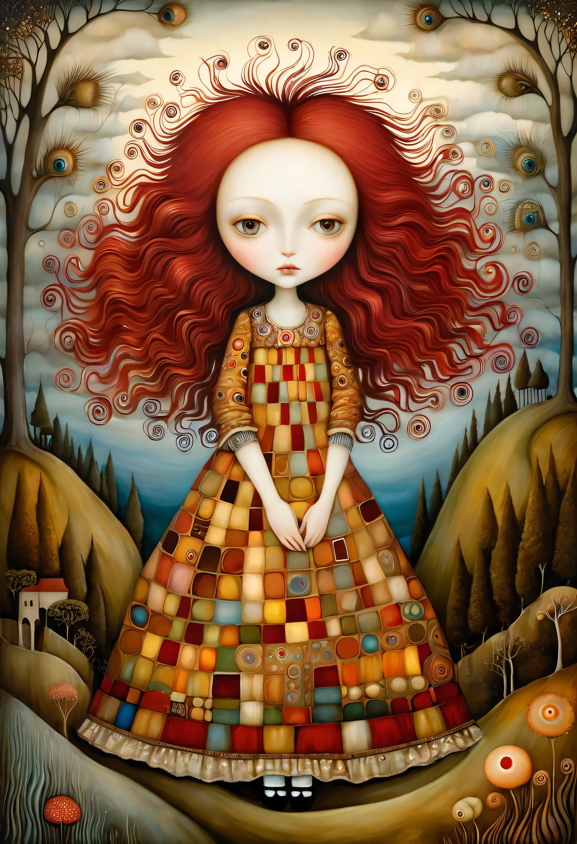 Patchwork de Klimt, Nicoletta Ceccoli, Naoto Hattori, Lawrence Didier, Leonora Carrington as European Woman, red and wavy hair Light dress. It is on top of a gentle hill from where you can see the sea and forests of trees of many colors, she opens her arms and lets the wind move her long hair. intricate patterns and details, 8k resolution photorealistic, masterpiece quality, bright and vibrant colors, dramatic lighting casting surreal shadows, fantastic and whimsical elements, magical realism atmosphere, wide angle perspective creating optical illusions.
