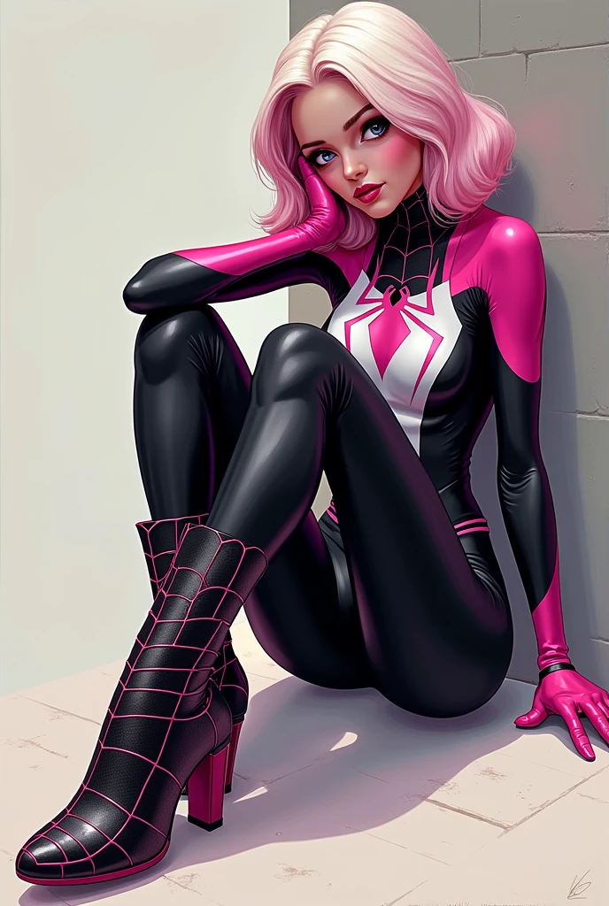 I know, pink hair, glasses, Kneeling woman, Spiderman costume, medium breasts, spread legs, wet panties, showing pussy, perfect feet, Front