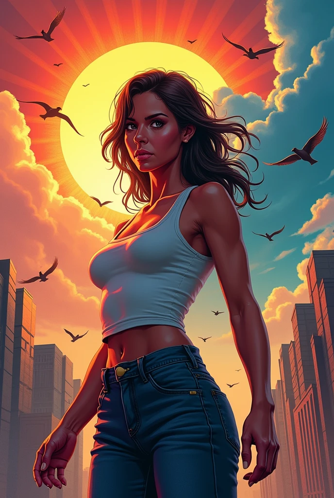 Black shadow of a woman with angel wings and fashionable clothes in a confident and sensual cartoon style, in Vice City GTA, White sky