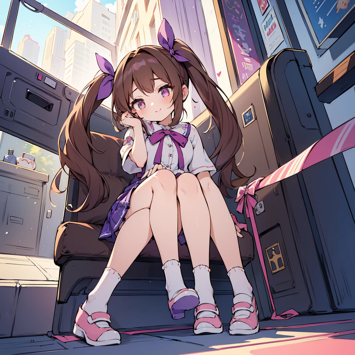 (masterpiece, 4K resolution, Ultra-realistic, Very detailed), 、、、night、Taking off her panties on the emergency stairs、Standing、One person, whole body,From below, (((Brown Hair,Long hair in twin tails、No bangs,Purple ribbon on head))),Big perfect eyes, Character Design,((Pink Eyes)),cuteアニメの顔, cute , Stylized anime, Anime Moe Art Style, Detailed face,High resolution,(masterpiece, 4K resolution, Ultra-realistic, Very detailed), 、、、uniform、,Sit in the passenger seat、Facing the driver&#39;s seat、Inside the car、night、Holding panties with both hands、Mischievous Smile、Blonde、bob hair、hairpin、cute、Pale pink ribbon,Offering up panties、Detailed panties、A detailed drawing of a pussy、Wet pussy、Legs slightly spread、Detailed pussy、Take off、