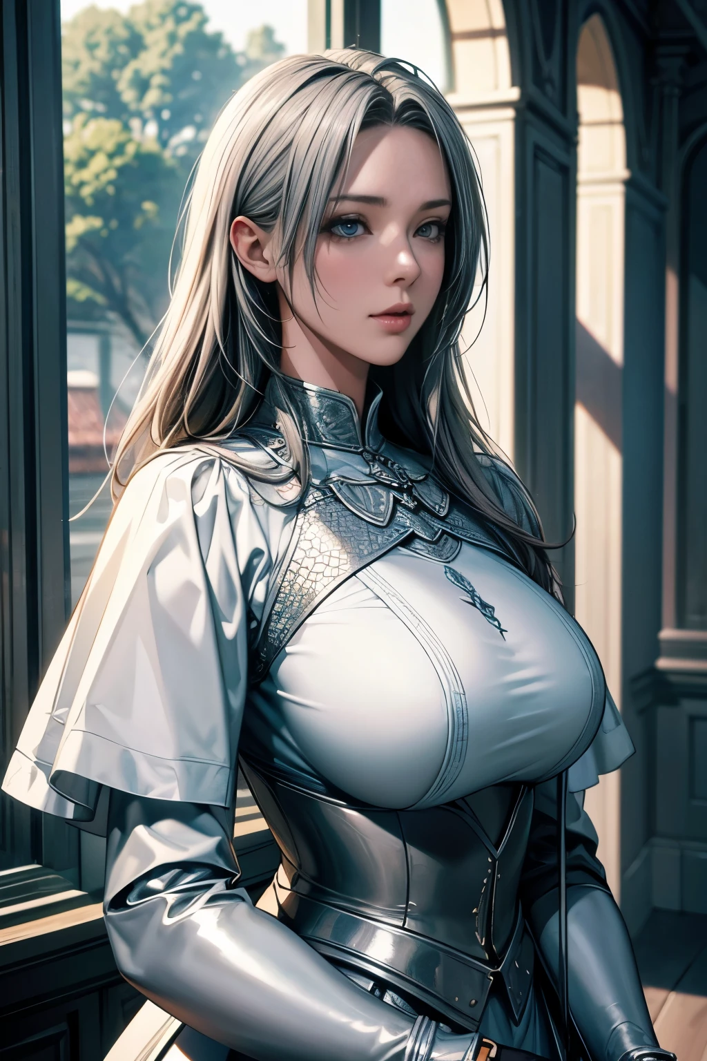 Perfect natural light、8K High Resolution、High resolution、Beautiful woman、masterpiece、Beautiful Mature Woman、RPG-style world、Knight Commander、Hold a rapier、Silver-haired knight、Large Breasts、