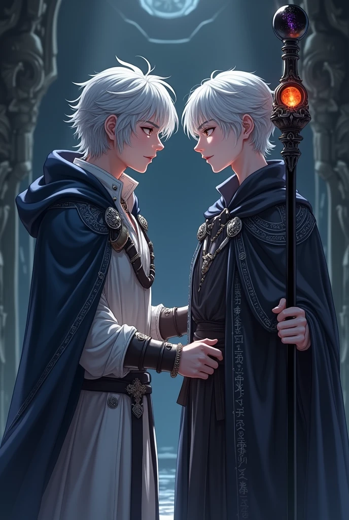 darkly, The old Victorian house stands alone in the moonlight,The color is bright，dark night background，Men around 12 years old，White color hair，Light blue eyes，long white robe，Castle at the back，Harry Potter style wizard，Tender，apathy