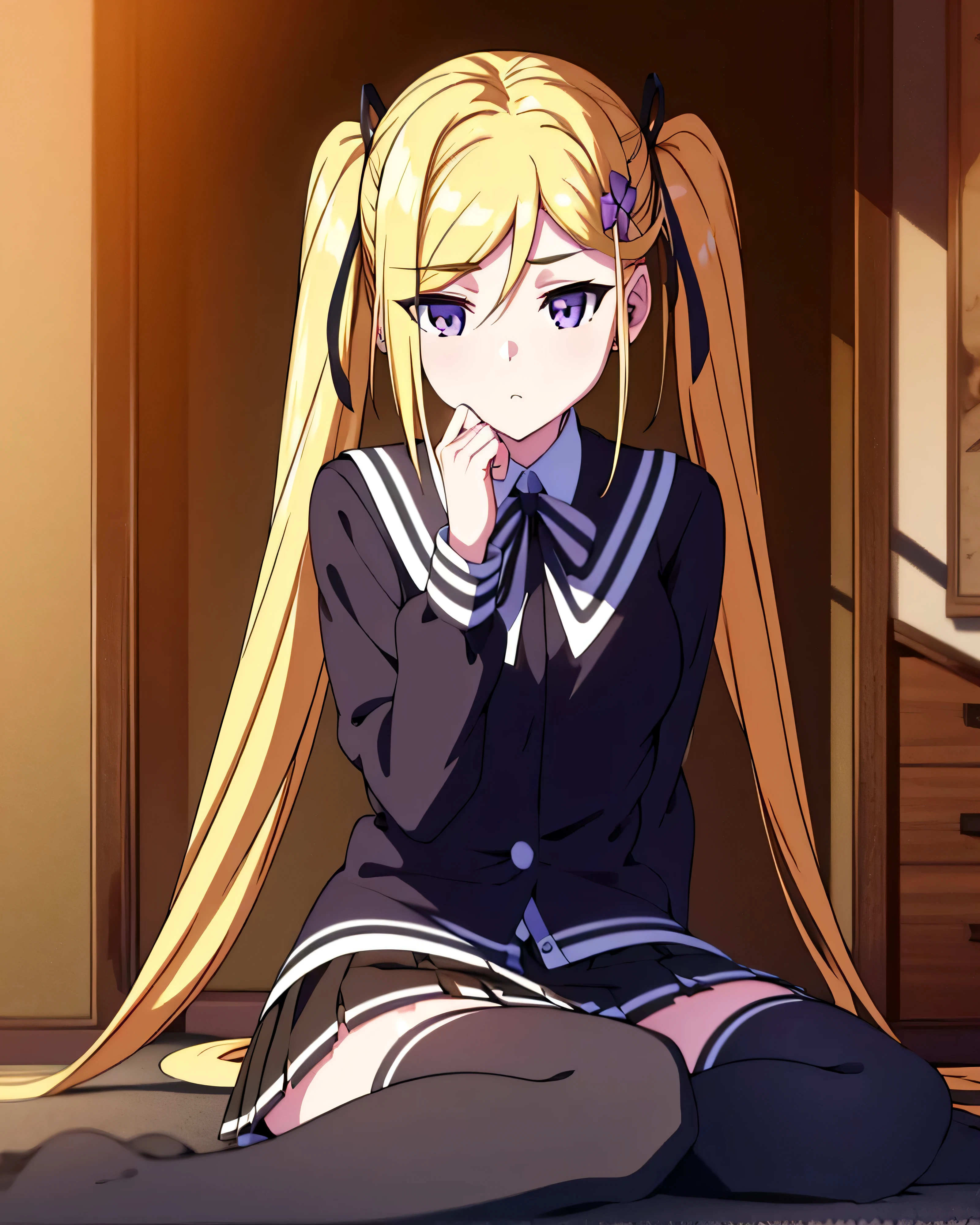 (masterpiece), Best quality, expressive eyes, perfect face, 1 girl, One, Orifushi Mafuyu,violet eyes,blonde hair, hair tape, Long hair, tape, sidelocks, two sides up, black skirt, black stockings, Long sleeves, miniskirt, pleated skirt, skirt, stockings, [school uniform,City background, sitting, character sheet, upper body, portrait, looks at the viewer