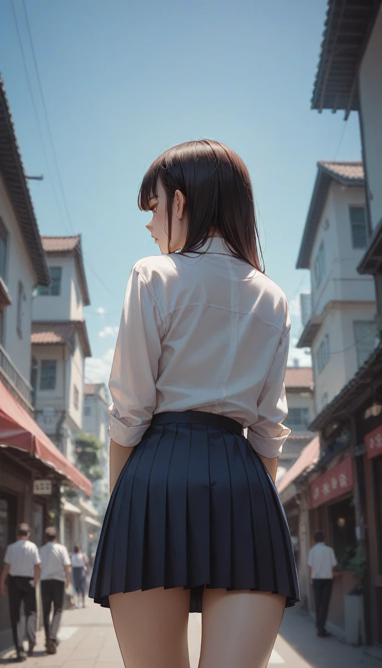 Best Quality　Japanese women　Beautiful high school girl　Uniform　mini skirt　Walk outdoors　Beauty　Configuration from below　Real People　(walk、Rear view:1.4), (back of head:1.8)