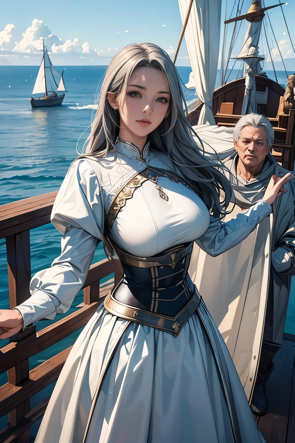 Perfect natural light、8K High Resolution、High resolution、Beautiful woman、masterpiece、Beautiful Mature Woman、RPG-style world、Knight Commander、Hold a rapier、Silver-haired knight、Large Breasts、Deck of a sailing ship