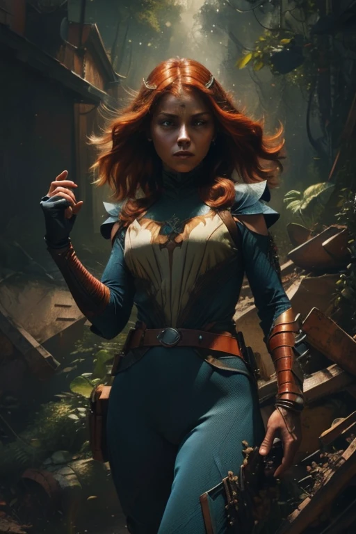 Full body portrait beautiful  red orange hair jean grey from x-men, wear Jim lee's costume inspired orange color bodysuit, emphasizing the athletic and superheroes nature of the character. A large orange section covers the upper chest and torso, forming a high neck. Large, angular metallic blue shoulder pads, create a sharp, dramatic look, adding a futuristic and tactical feel to the outfit. The blue gloves are long, extending to mid-forearm, blending seamlessly with the chest and shoulder elements. A thick blue belt cinches the waist, with the X-Men logo prominently displayed at the center in red and black. This iconic “X” symbol is a staple of X-Men costumes, representing the team. On the thighs, there are blue utility-style straps or pouches, she wears a blue headband with a small logo or gem at the center, adding to the superhero look and framing her face. in the style of Jan van Eyck, with a richly detailed background that blends the surreal and organic elements, green leaves, red rose, poison ivy of Otto Rapp, Gustav Klimt, and Alphonse Mucha. The scene is set in a post-apocalyptic wonderland, evoking the biomechanical and haunting atmosphere of H.R. Giger. The composition is further enhanced by the fantastical surrealism of Giuseppe Arcimboldo and the nightmarish imagination of Hieronymus Bosch, all woven into a mystical realm inspired by the enigmatic universe of the Bogomils. The artwork is a hyper realistic fantasy masterpiece infused with Art Nouveau aesthetics, merging academic painting techniques with dreamlike, otherworldly elements.