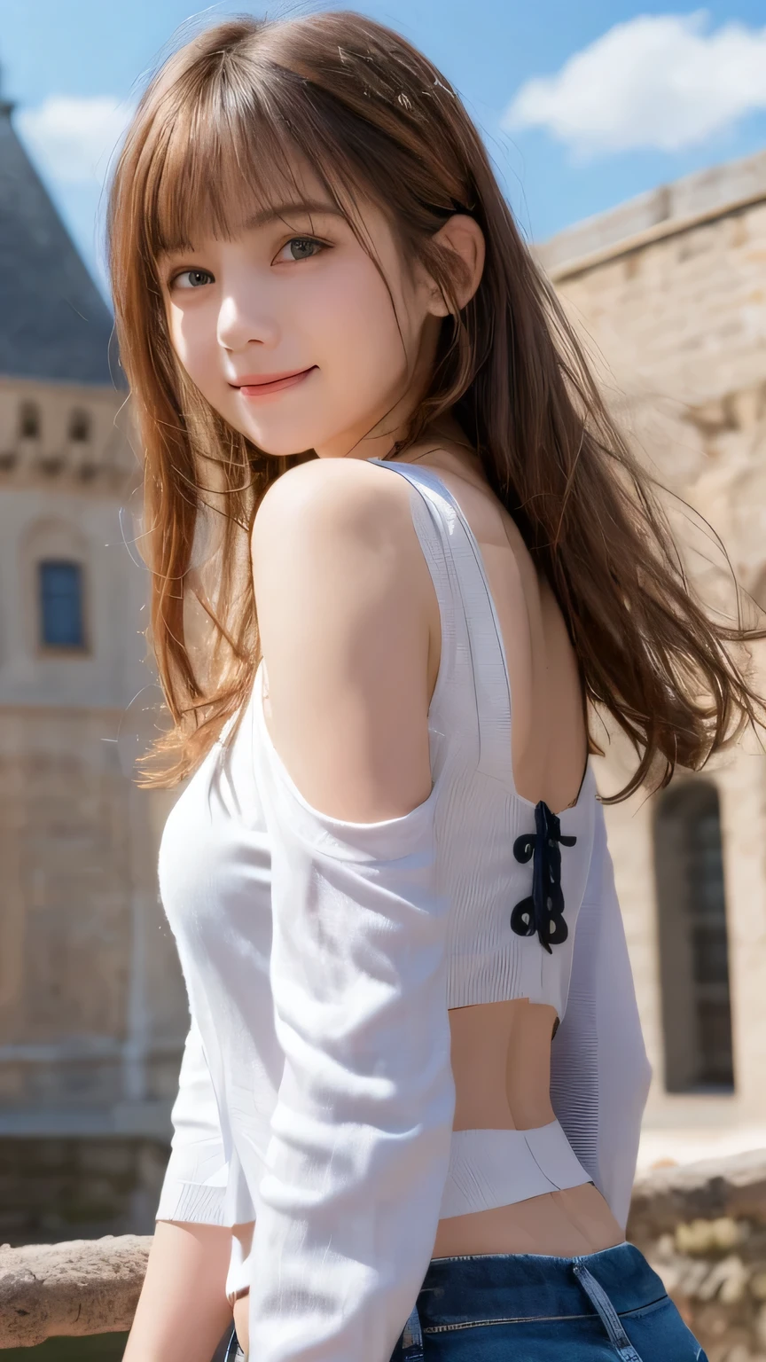highest quality, masterpiece, ultra high resolution, (realistic:1.4), (close portrait) RAW photo, 1 girl, 22 years ago, (((Black Turtleneck Open Back Knit Dress White))), wink,masterpiece, realistic pictures, japanese pictures, fuji negative film, saturation, contrast, Pocari Sweat Advertisement ((small breasts)),((smile showing teeth)),long hair top ponytail,brown hair,