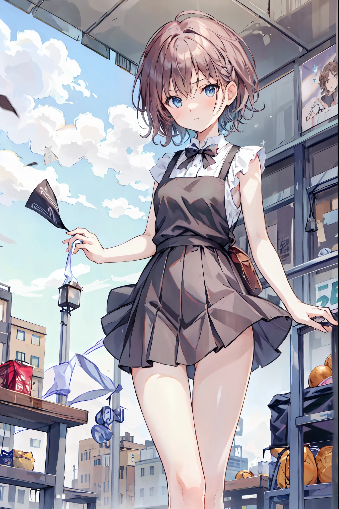 (masterpiece), (Highest quality),Brown Hair,Messy Hair,Slender beauty,Hall々A positive attitude,Small box,Beautiful legs,Her enchanting grey-blue eyes shine like stars, {girl|Lady}, Looking at the audience, {Day|night}, {indoor|Outdoor}, {Natural Wave Short Hair|Shaggy Cut|Long and bold side bangs|Curly Hair|Neat ponytail|Sophisticated pixie cut|Twisted High Top Knot|Voluminous updo|undercut},Thick summer knit,Cut and Sew,Tight Skirt