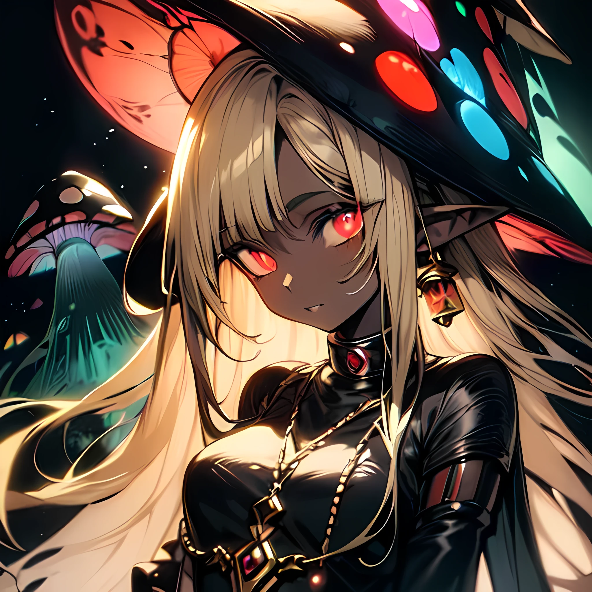 a mystical dark-skinned elf with long flowing blonde hair, holding glowing psychedelic mushrooms, in a surreal fantasy ,detailed face and eyes,portrait,dark fantasy,vibrant colors,dramatic lighting,cinematic composition, anime, glowing mushroom background, full body