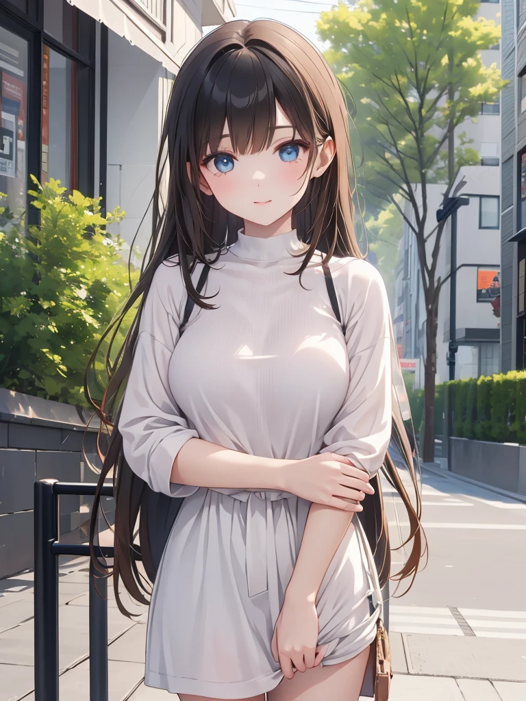 Masterpiece, 8k, Highest quality, Depth of subject, Beautiful high school girl, A gentle gaze, Relaxed atmosphere, Your face is so cute, Emotional expressions, Japanese cityscape, Back Alley, stroll, Beautiful, detailed depiction, Soft sunlight, good morning