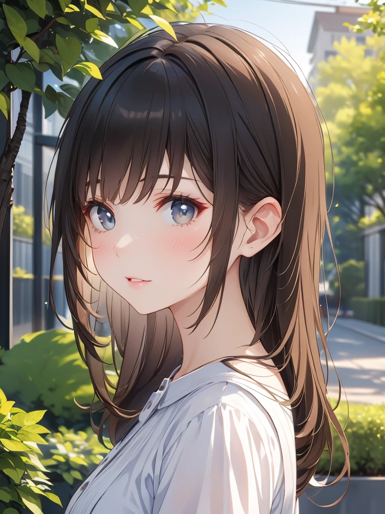 Masterpiece, 8k, Highest quality, Depth of subject, Beautiful high school girl, A gentle gaze, Relaxed atmosphere, Your face is so cute, Emotional expressions, Japanese cityscape, Back Alley, stroll, Beautiful, detailed depiction, Soft sunlight, good morning