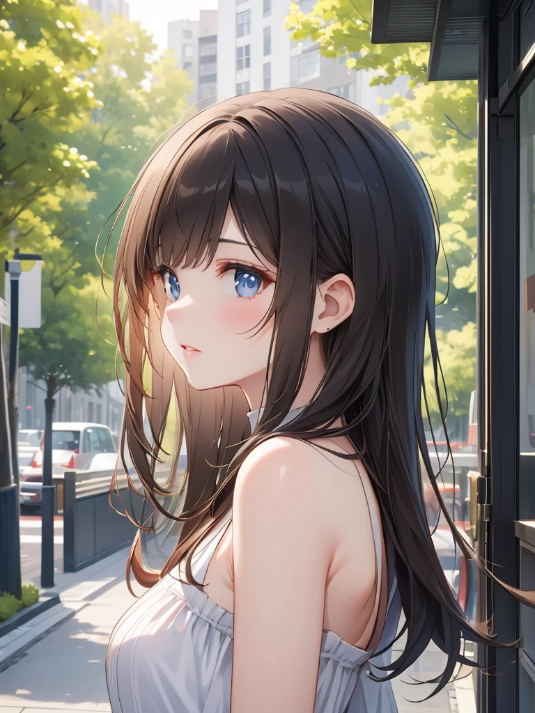 Masterpiece, 8k, Highest quality, Depth of subject, Beautiful high school girl, A gentle gaze, Relaxed atmosphere, Your face is so cute, Emotional expressions, Japanese cityscape, Back Alley, stroll, Beautiful, detailed depiction, Soft sunlight, good morning