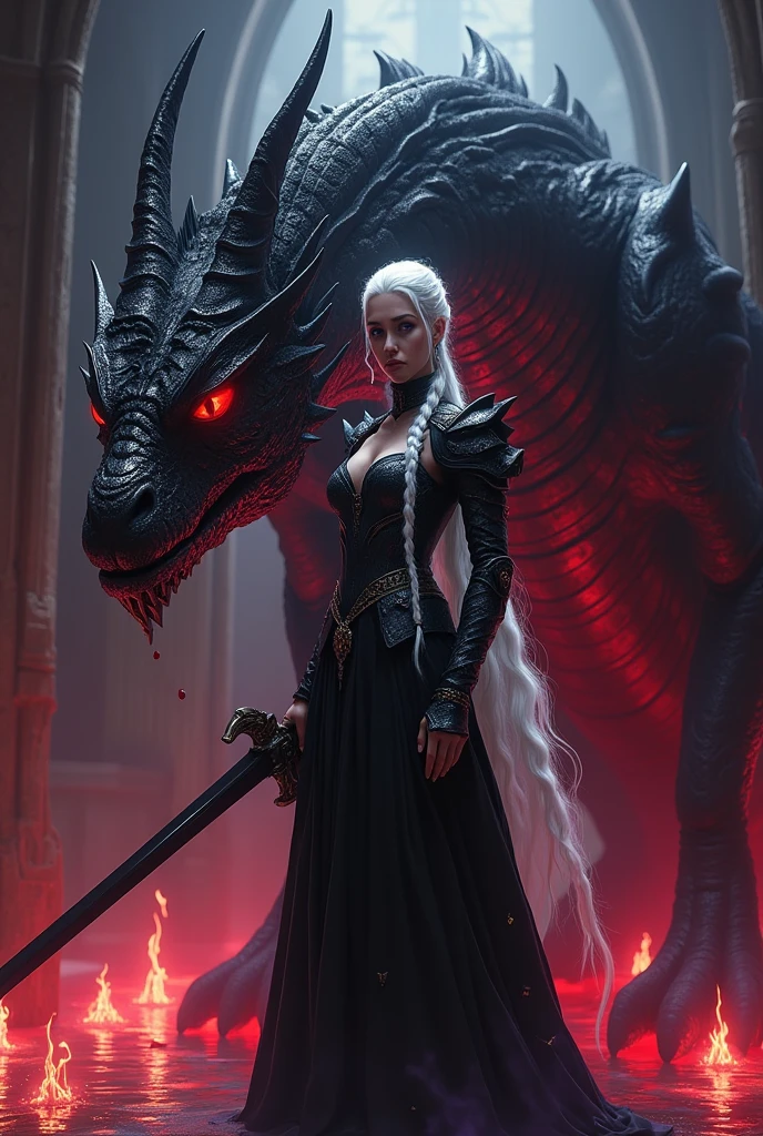 woman 38 yers,t-shirt design, 2D illustration, centered art,3 dragons in the background breathing fire,(((woman 38 yers))) face of Emilia Clarke Atriz britânica White hair de Game of Thrones, gothic colors, mood of tension and terror, Adobe Illustration,Drop-Shadow, Trending on Artstation, 8K, hd, masterpiece, gorgeous art, intricate details,Strobe Light.