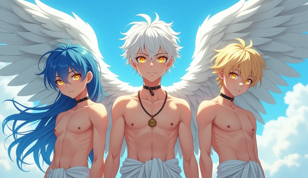 ((Masterpiece, Highest quality)), Male, boy, Detailed face, character design sheet, full bodyesbian, Full of details, frontal body view, back body view, Highly detailed, Depth, Many parts, dark skin, angel wings, white hair, angel outfit, Muscle boy with white long ponytail hair,handsome man, male angel , man tall, abs, pectoral muscle