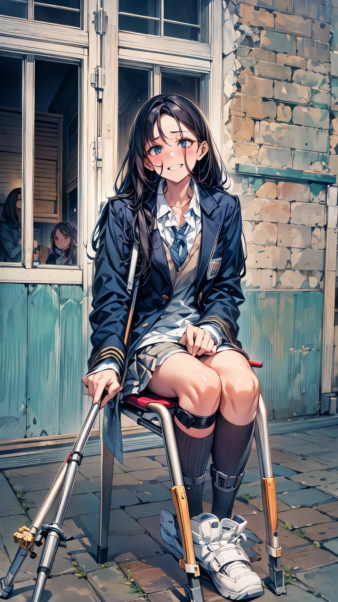 one disabled beautiful girl,1 girl,high school uniform,Beautiful girl with a broken leg and crutch,disabled leg,thin body,Lean on a cane, With a cane,medical, Carrying a walking stick, leg brace, Leg and thigh shots, Really great images, Leg shots,smile, Blushing, boots with leg brace,