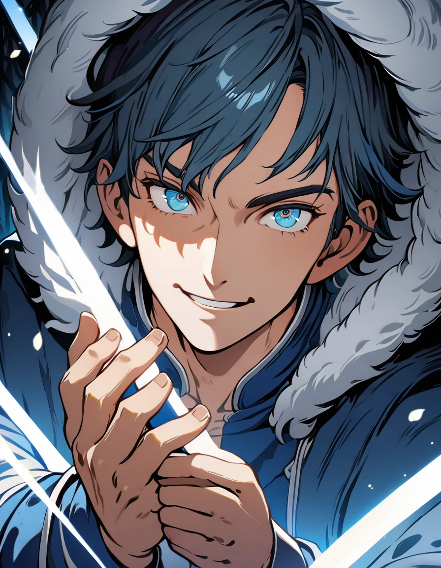 1 man, early 20s, handsome, muscular, slim, silver blue ombre hair, Saiyan style hair, blue eyes, blue jacket with fur hood, white shirt, white martial arts pants, blue sneakers, snowy forest, one eye closed, grinning, head slightly tilted, BREAK (masterpiece:1.2), best quality, high resolution, unity 8k wallpaper, (illustration:1.3), (beautiful detailed eyes:1.2), extremely detailed face, perfect lighting, extremely detailed CG, (perfect hands, perfect anatomy)