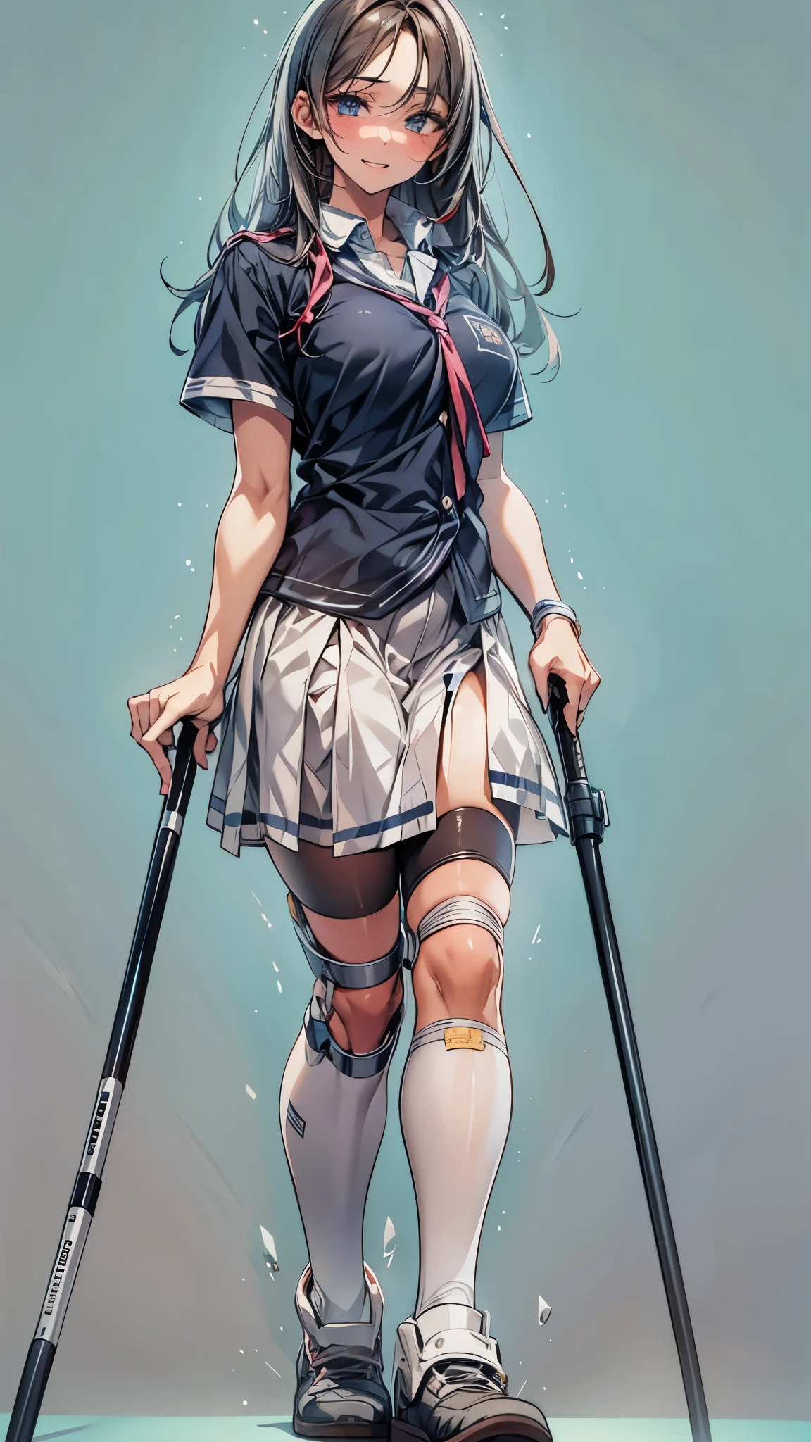 one disabled beautiful girl,1 girl,high school uniform,Beautiful girl with a broken leg and crutch,disabled leg,thin body,Lean on a cane, With a cane,medical, Carrying a walking stick, leg brace, Leg and thigh shots, Really great images, Leg shots,smile, Blushing, boots with leg brace,