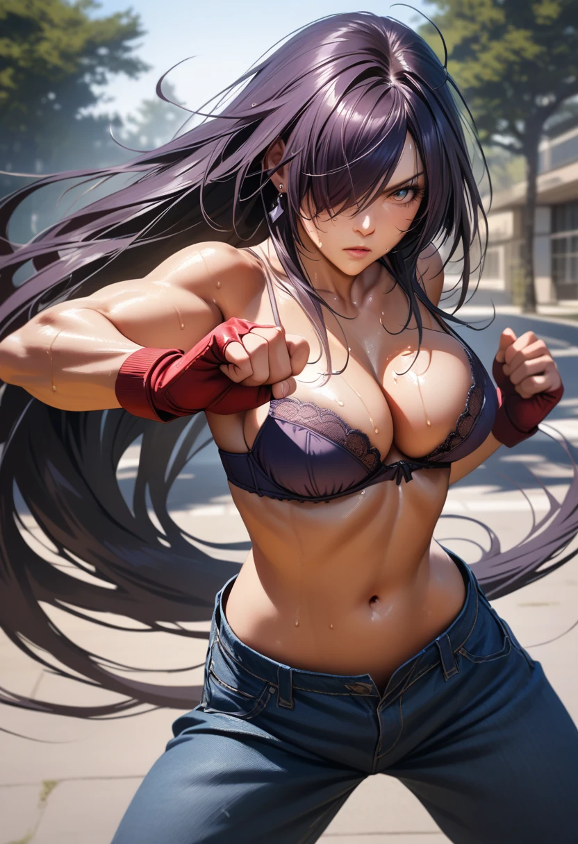 kanu,dark purple hair, hair over one eye, very long hair,red fingerless gloves, midriff,(delicate embellishments Gorgeous half cup bra:1.3),navel,earrings,(low-rise damaged short denim pant),large breasts,perfect hands, perfect finger,perfect anatomy, masterpiece, best quality,realistic, hyperrealistic, 16k hdr,(1 muscular girl:1.2),outdoor,high school,(fighting pose,dynamic pose:1.3),dynamic angle,upper body,serious,from above,sweat,strong wind,spread legs