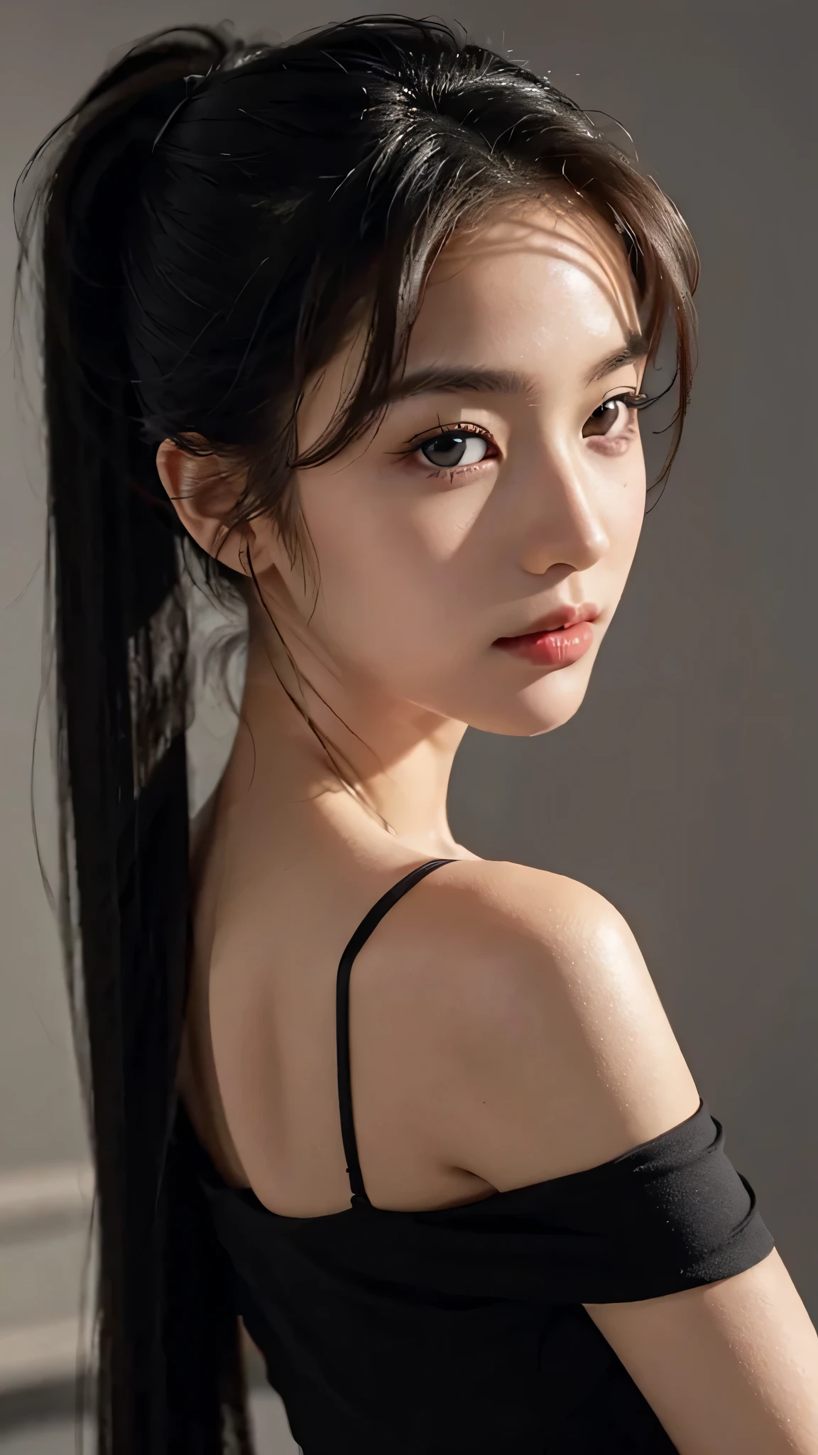 tmasterpiece,Best quality at best,A high resolution,8K,(portrait),(Close up of avatar),(RAW photogr),real photograph,digital photography,(Sports Girl),20岁女孩,long ponytail hairstyle,By bangs,(black blonde hair),(green eyes),Serious and charming,A plump chest,cleavage,Keep your mouth shut,elegant and charming,serious and arrogant,Calm and handsome,(Modern style female athletes),Photo pose,Realistic style,gray world background,oc render reflection texture