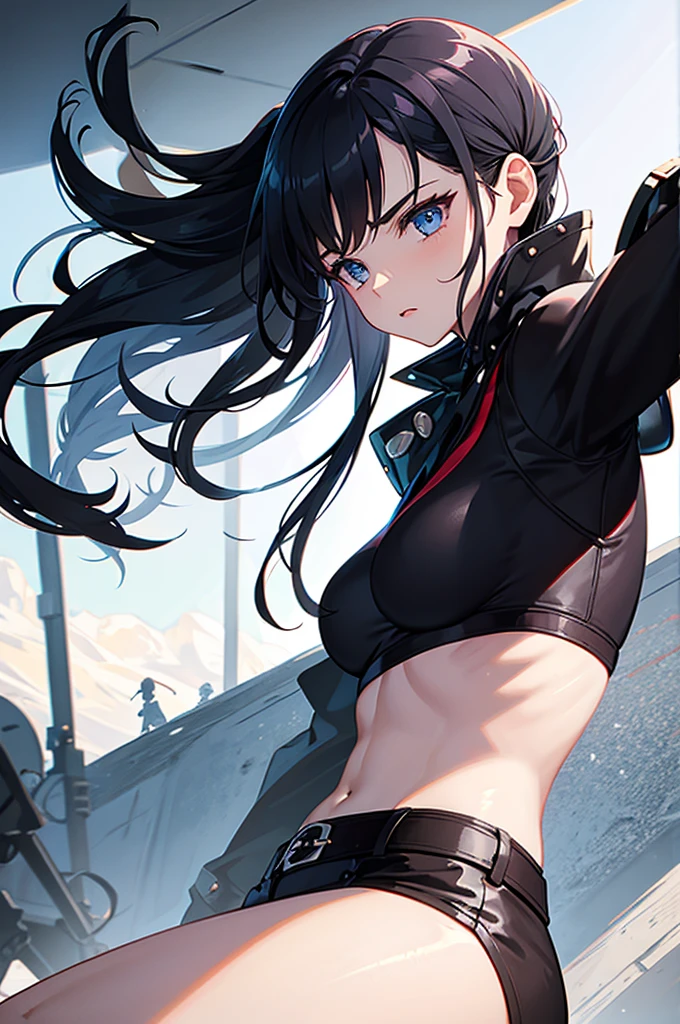 Masterpiece, one women, katana, long hair, mask, blue eyes, black hair, blue sky, k8, big booby