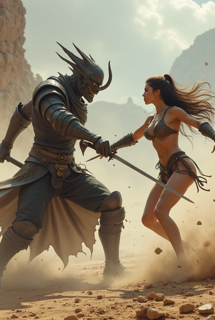 a big breasted girl is fighting with a sword against a demon on the battlefield, bikini, taiwandolllikeness, realistic, a demon that emits fire to attack