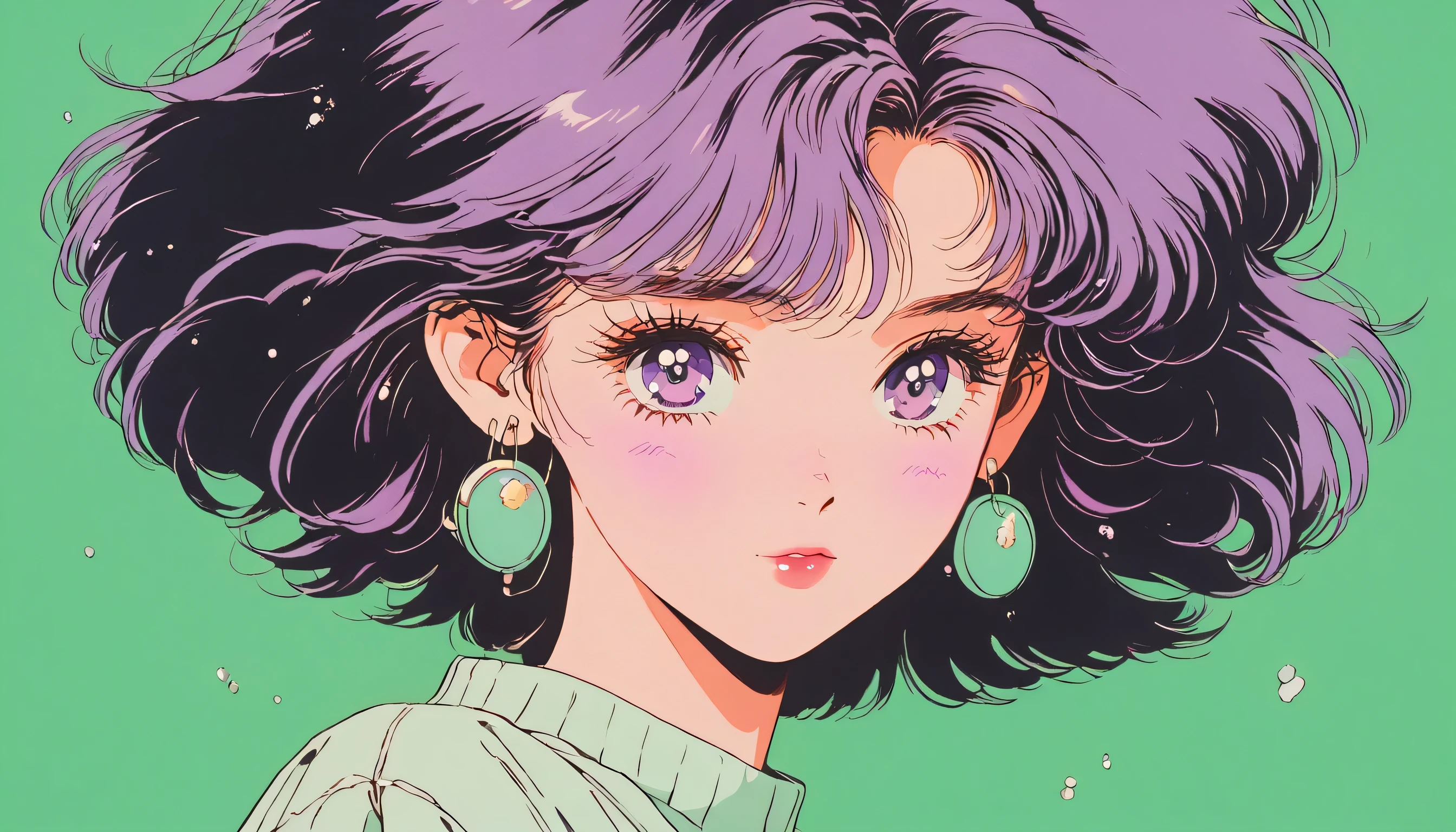 90’s anime style, 1990s style, clear, 1980s style, (blush:1.7), the highest quality, 8k, 1 woman, Only, lofi girl, lofi art, lofi feeling, looking at the viewer, very big eyes, wearing 1980s clothes, upper shot, close up, smiling, light brown eyes, skin white as snow, sparkling eyes, purple hair, shortcut hair, anime girl wearing earbuds, solid green background with no other elements