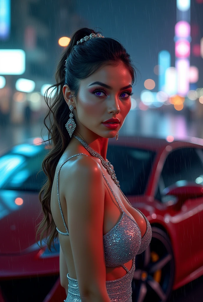 Top Quality, Ultra High Definition, (backlight), (Photorealistic: 1.4), (cowboy shot:1), 1 Beautiful Girl, (Kpop Idol), Detailed Face, (Hair Style: Pink:1, fullbang, shortbob-style:1), Contrapposto, Perfect Anatomy, Smooth Skin, Professional Lighting, ((wearing elegant sequins dress), (background, crashed cars, fire, (Explosion)),
